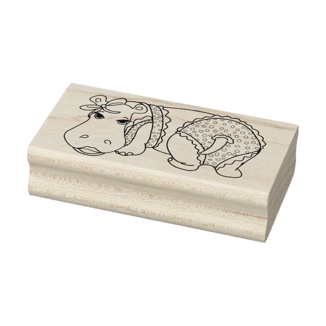 Cute Summer Hippo in Polka-dot Ruffled Swimsuit |  Rubber Stamp (Stamp)