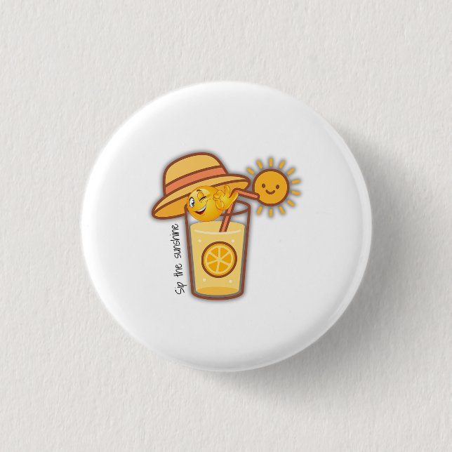 Cute Summer Lemonade Cartoon T-Shirt – Sunny Hat & 1 Inch Round Button (Front)