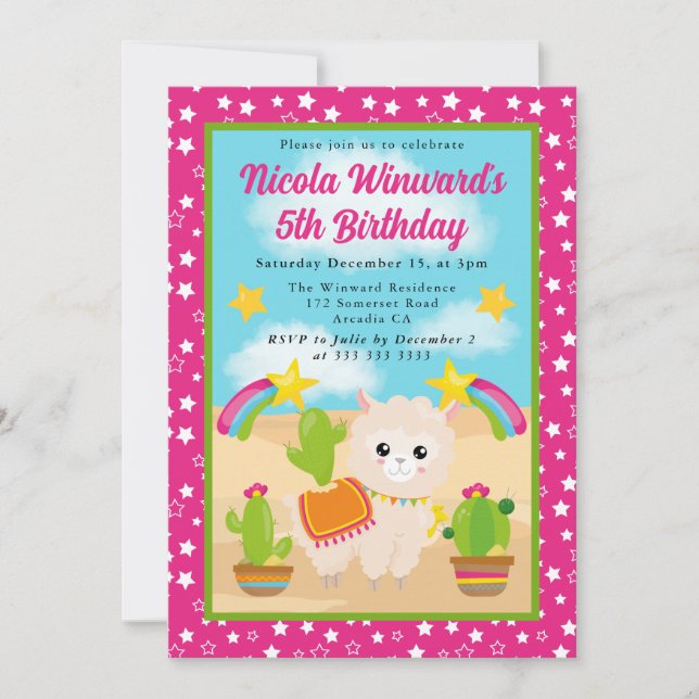 Cute Summer Llama Fiesta Kids Birthday  Invitation (Front)