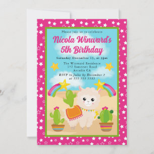 Cute Summer Llama Fiesta Kids Birthday  Invitation