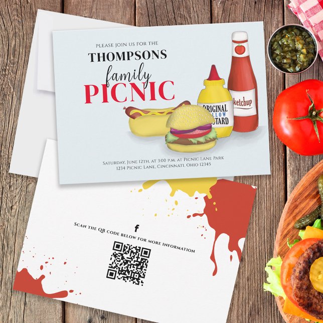 Cute Summer Picnic BBQ Fun QR Code Social Media Invitation (BBQ invitation with Family picnic wording and hand-drawn hamburgers and hotdogs. )