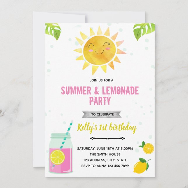 Cute summer pink lemonade invitation (Front)