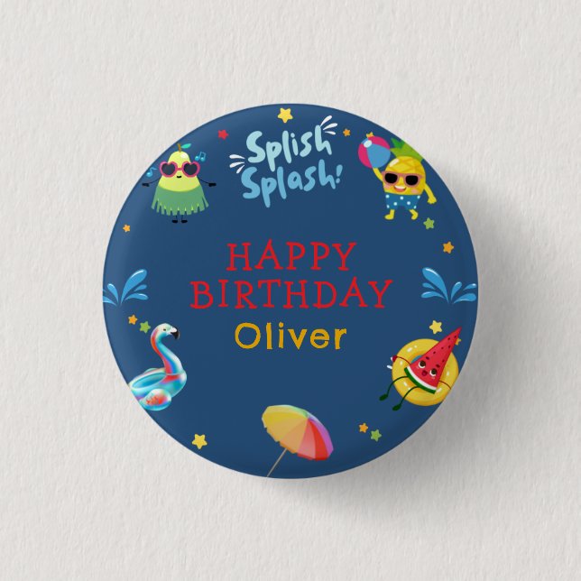 Cute Summer Pool Fruit Character Birthday Party 1 Inch Round Button (Front)