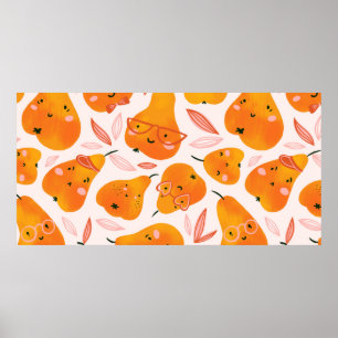 Cute summer seamless pattern with orange pears. Fu Poster
