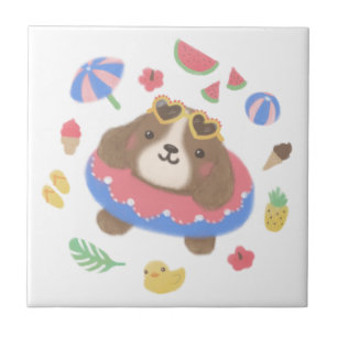 Cute Summer Spaniel Dog Illustration Tile