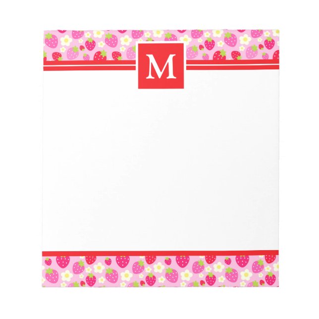Cute Summer Strawberries Monogram Notepad (Front)