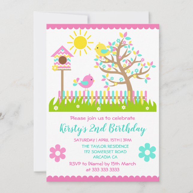 Cute Summer Tree Flowers Birds Birthday Party Invi Invitation (Front)