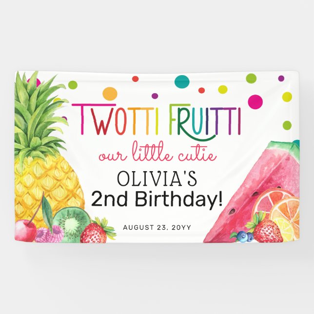 Cute Summer TWO-tti Fruitti Fruit 2nd Birthday Banner (Horizontal)