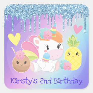 Cute Summer Unicorn & Glitter Birthday Square Sticker