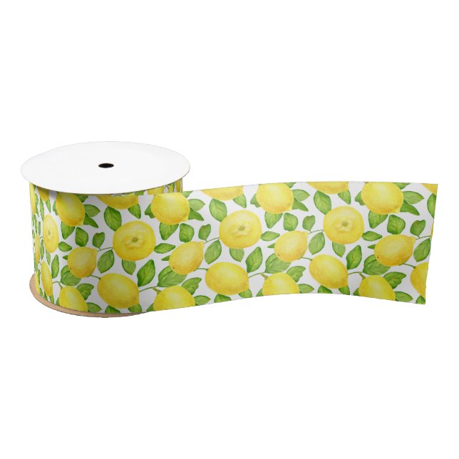 Cute Summer Watercolor Lemon Pattern  Satin Ribbon (Spool)