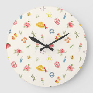 Cute Summer Watercolor: Watermelon, Dango & Sun Large Clock