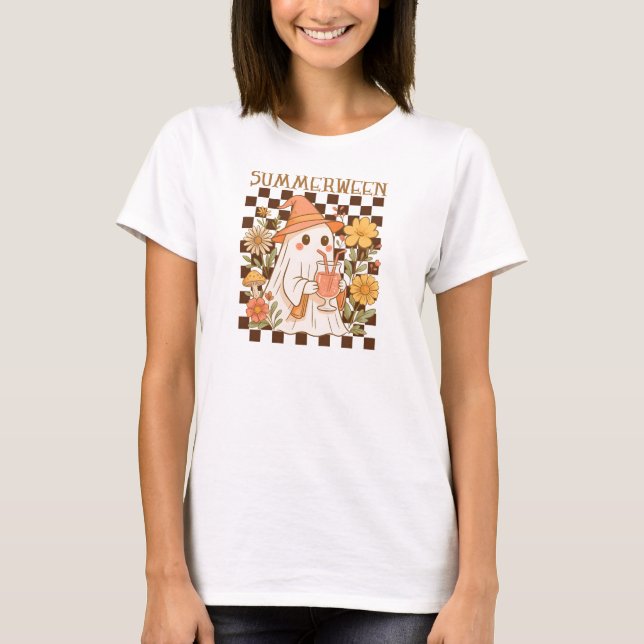 Cute Summerween Ghost with Drink,Halloween Design T-Shirt (Front)