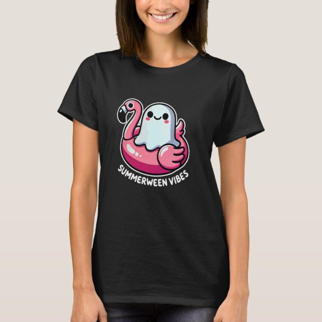 Cute Summerween Vibes Ghost on Flamingo Floaty Fun T-Shirt (Front)