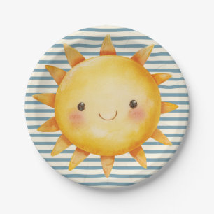 Cute Sun Baby Shower Blue Stripes Watercolor  Paper Plate