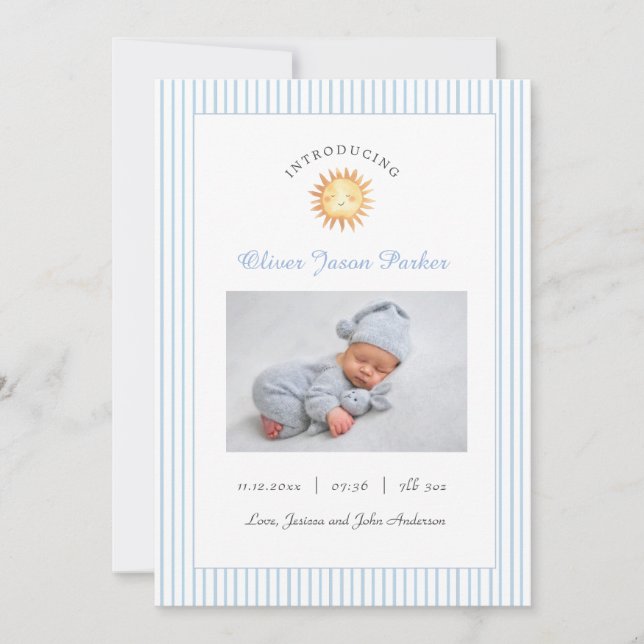 Cute Sun Blue Baby photo Birth  Announcement (Front)