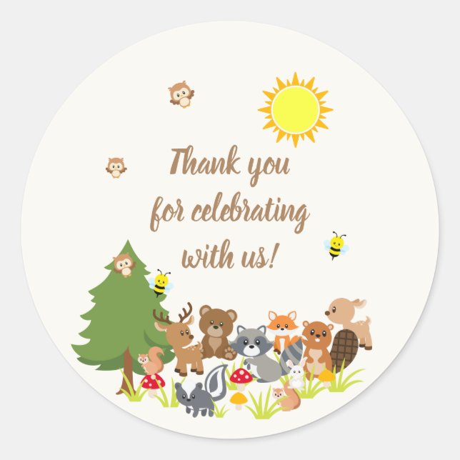 Cute Sun Colourful Woodland Animals Classic Round Sticker (Front)