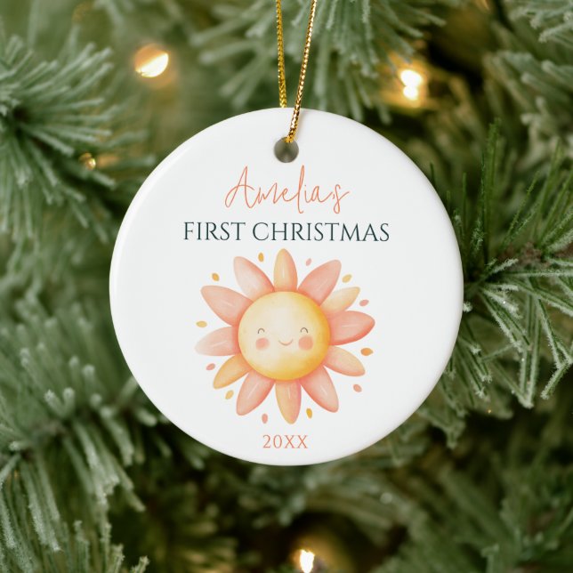 Cute Sun Drawing Custom Keepsake 1st Christmas Ceramic Ornament (Tree)