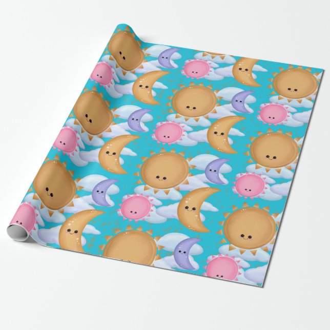 Cute Sun Moon and Cloud Pattern Wrapping Paper (Unrolled)