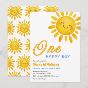 Cute Sun One Happy Boy Sunshine 1st Birthday Invitation