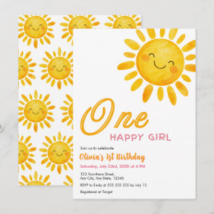 Cute Sun One Happy Girl Sunshine 1st Birthday Invitation