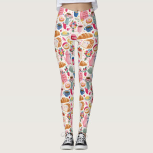 Cute Sunday Breakfast Pattern Coffee Croissant F Leggings