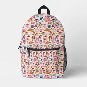 Cute Sunday Breakfast Pattern Coffee Croissant F Printed Backpack