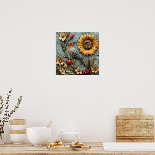 Cute Sunflower Bird Lady Bug Floral Poster (Kitchen)