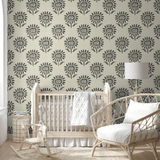 Cute Sunflower Block Print Charcoal Black & Beige Wallpaper