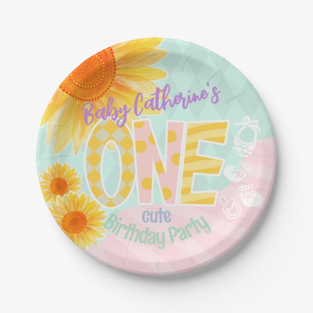 Cute Sunflower First Birthday  Paper Plate (Front)
