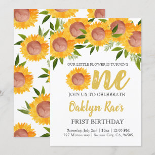 Cute sunflower floral kid first birthday invite