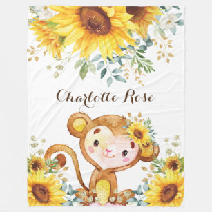 Cute Sunflower Jungle Monkey Baby Girl Nursery Fleece Blanket
