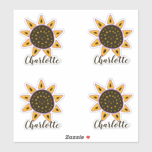 Cute Sunflower Modern Script Name Sticker (Sheet)