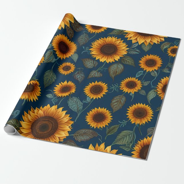 Cute Sunflower Pattern Blue Wrapping Paper (Unrolled)