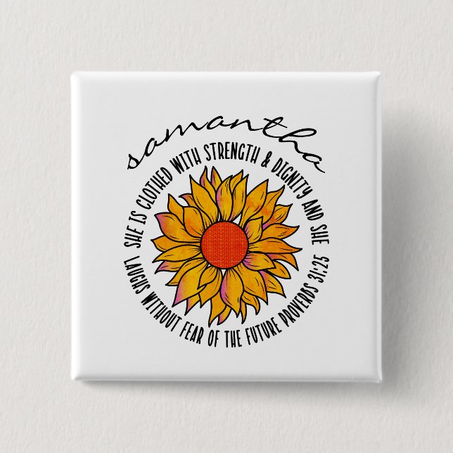 Cute sunflower scripture bible verse 2 inch square button (Front)