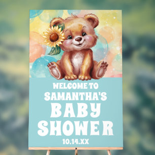 Cute Sunflower Teddy Bear Blue Baby Shower Welcome Acrylic Sign