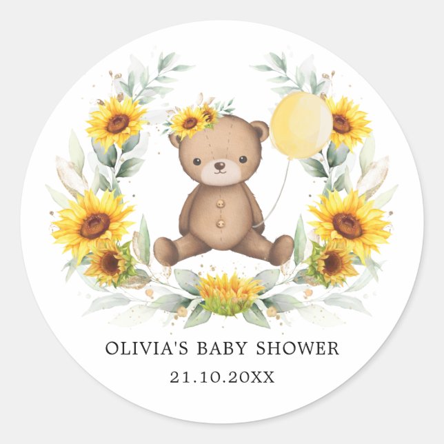 Cute Sunflower Teddy Bear Greenery Wreath Balloon Classic Round Sticker (Front)