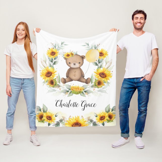 Cute Sunflower Teddy Bear Summer Greenery Nursery Fleece Blanket (In Situ)