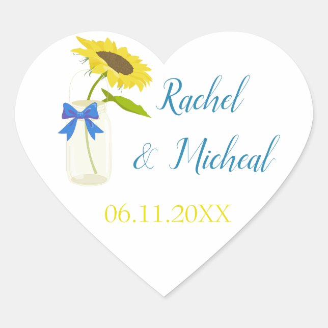 Cute Sunflower Wedding Heart Sticker (Front)