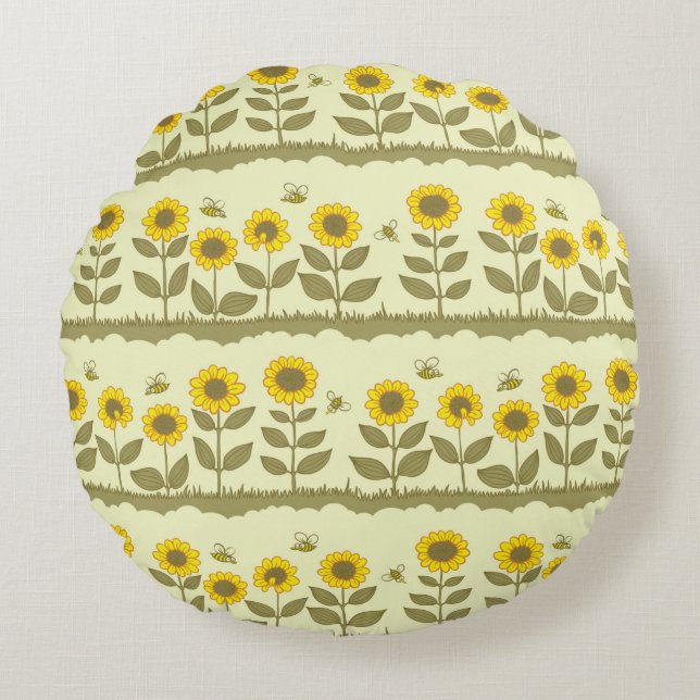 Cute sunflowers and bees seamless pattern round pillow (Front)