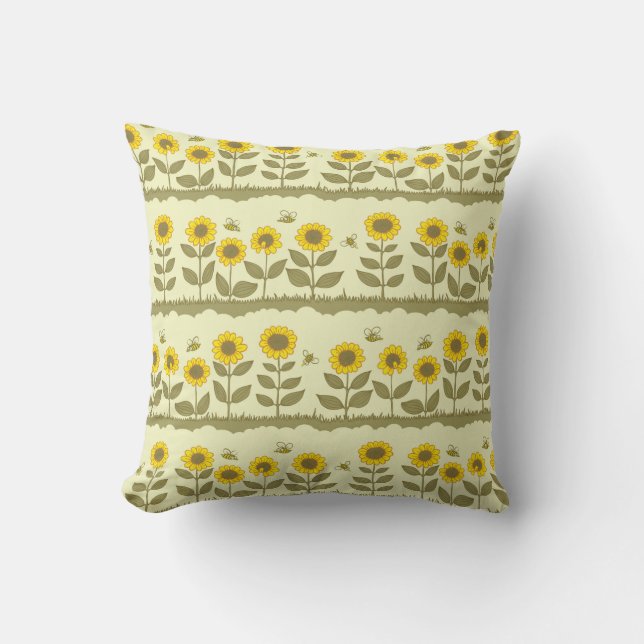 Cute sunflowers and bees seamless pattern throw pillow (Front)