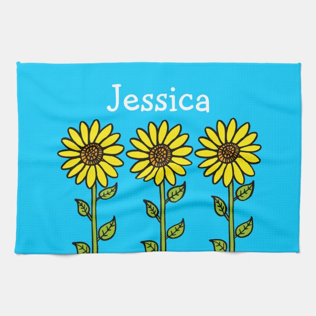 Cute Sunflowers Illustration Personalized Name Kitchen Towel (Horizontal)