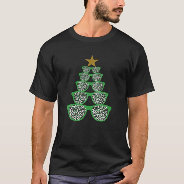 Cute Sunglasses Optometrist Christmas Tree Leopard T-Shirt (Front)