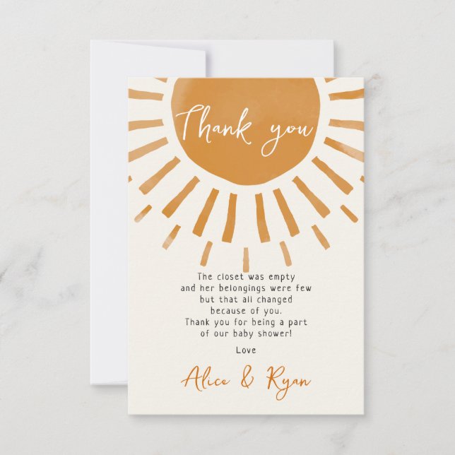 Cute Sunshine Boho Baby Shower Poem Thank You Card (Front)