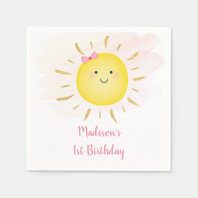 Cute Sunshine Pink & Gold Birthday Napkin (Front)