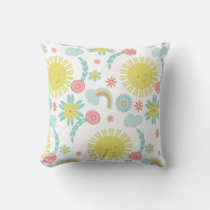 Cute Sunshine Rainbow Floral Throw Pillow