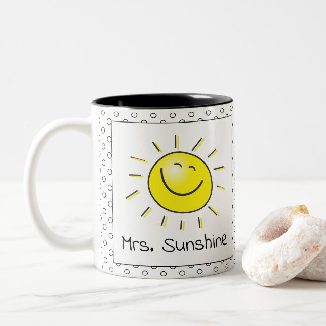 Cute Sunshine Smile Face Teacher Name Two-Tone Coffee Mug (With Donut)