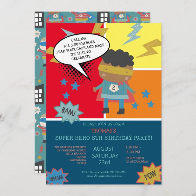 Cute super hero Comic book themed Children's  Invitation (Front/Back)