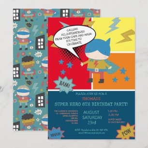 Cute super hero Comic book themed Children's Invitation