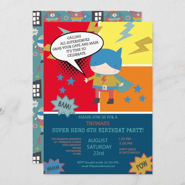 Cute super hero Comic book themed Children's Invitation (Front/Back)