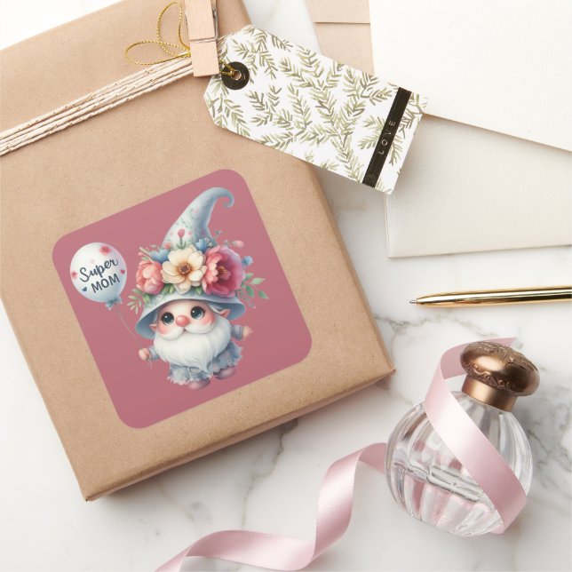 Cute super Mom gnome  Square Sticker (Gifting)